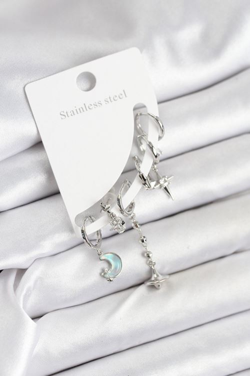 Pirinç Gümüş Renk Ay Model Kadın Set Küpe