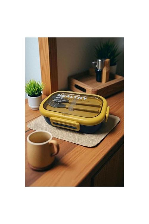 Tantitoni Mavi Paslanmaz Çelik Dikdörtgen Çatal ve Kaşıklı Yemek Taşıma Kabı 850ml