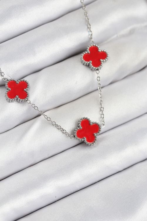 316L Çelik Zincir Gümüş Kırmızı Renk Yonca Kadın Kolye