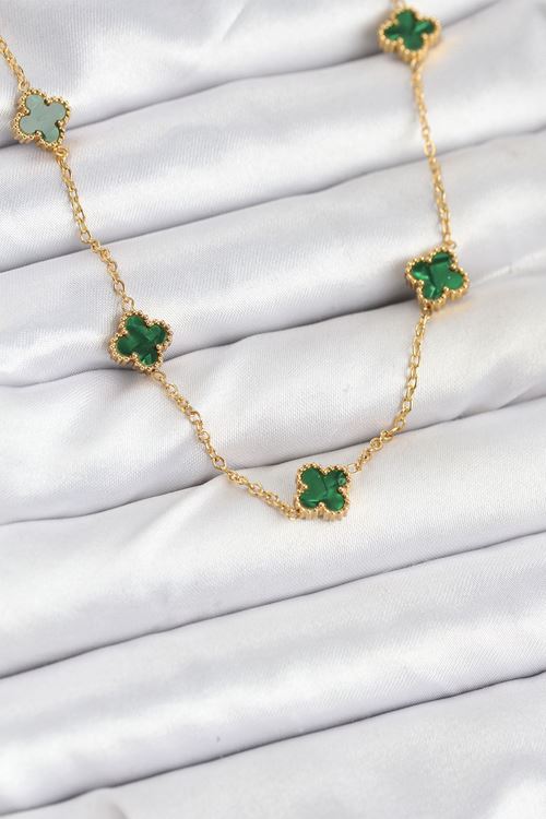 316L Çelik Zincir Gold Renk Yeşil Baby Boy Yonca Kadın Kolye