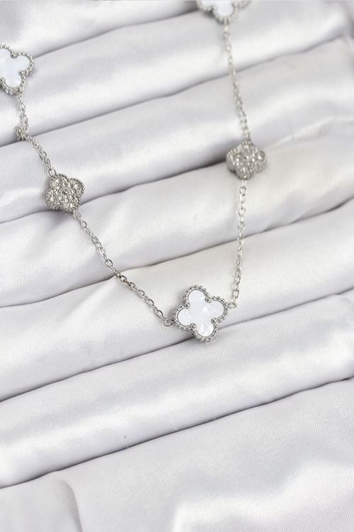 316L Çelik Zincir Gümüş Renk Beyaz ve Zirkon Taşlı Yonca Kadın Kolye