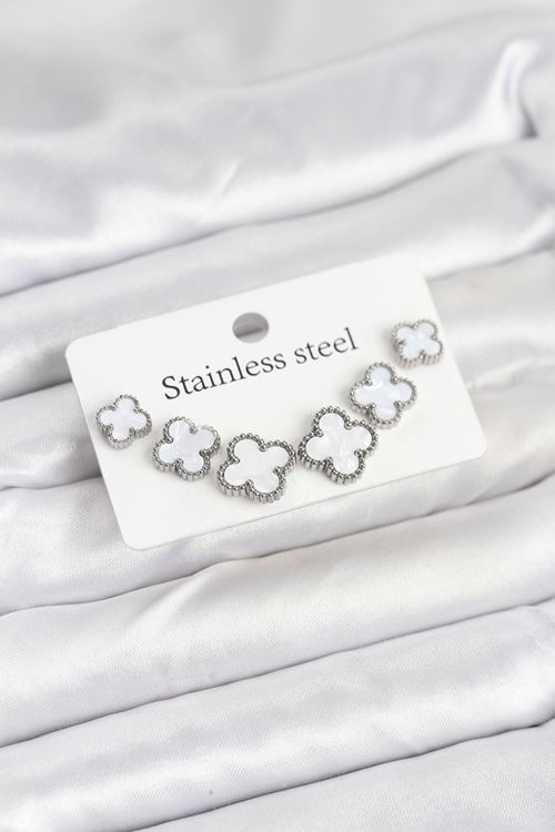 316L Çelik Gümüş Beyaz Renk 3 Boy Yonca Küpe Seti