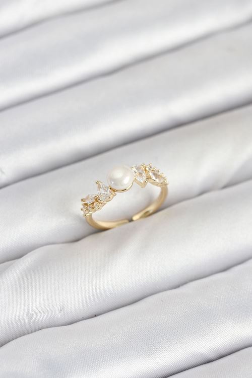 Pirinç Gold Renk Zirkon Taşlı İncili Model Kadın Yüzük