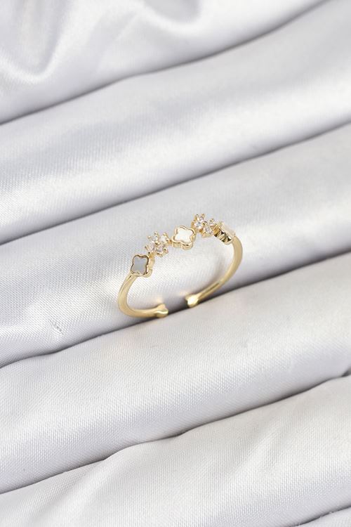 Pirinç Gold Renk Minimal Yonca Detaylı Kadın Yüzük