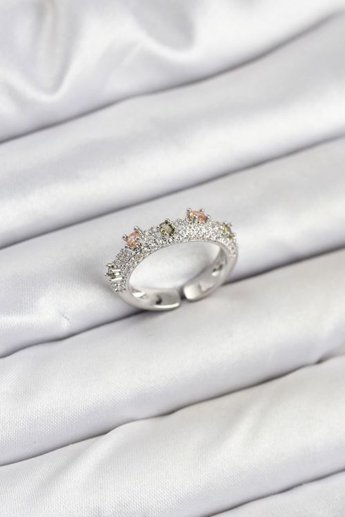 Pirinç Gümüş Renk Zirkon Taşlı Vintage Kadın Yüzük