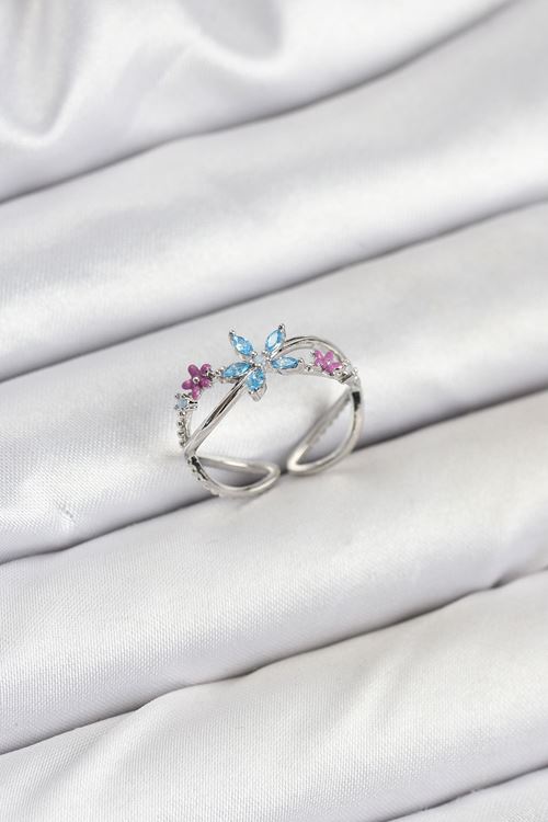 Pirinç Gümüş Renk Zirkon Taşlı Mavi Çiçekli Kadın Yüzük