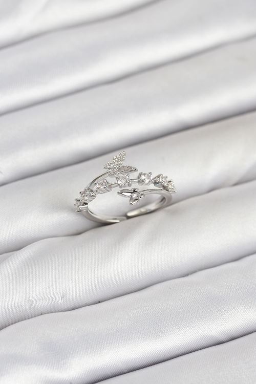 Pirinç Gümüş Renk Zirkon Taşlı Kelebek Model Kadın Yüzük