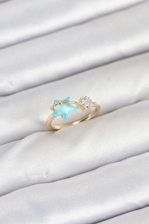 Pirinç Gold Renk Mavi Yıldızlı Model Kadın Yüzük