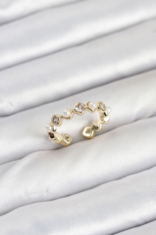 Pirinç Gold Renk Zirkon Taşlı İncili Kadın Yüzük