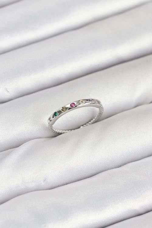 Pirinç Gümüş Renk Renkli Zirkon Taşlı Kadın Yüzük