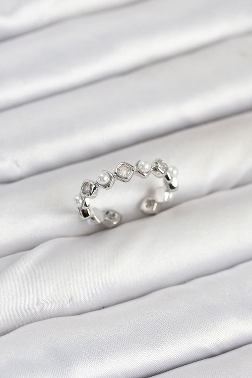 Pirinç Gümüş Renk Zirkon Taşlı İncili Kadın Yüzük