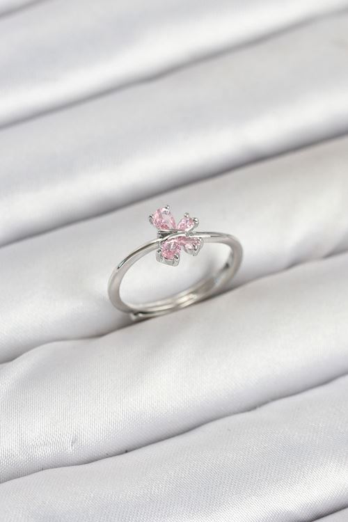 Pirinç Gümüş Renk Pembe Kelebek Kadın Yüzük