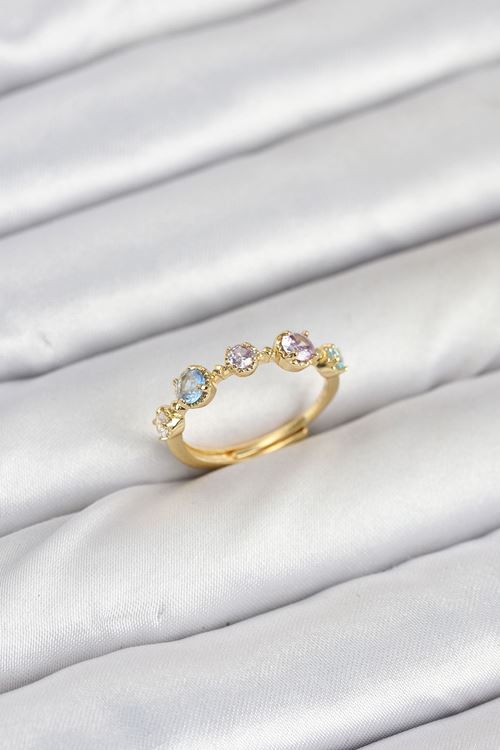 Pirinç Gold Renk Renkli Zirkon Taşlı Kadın Yüzük
