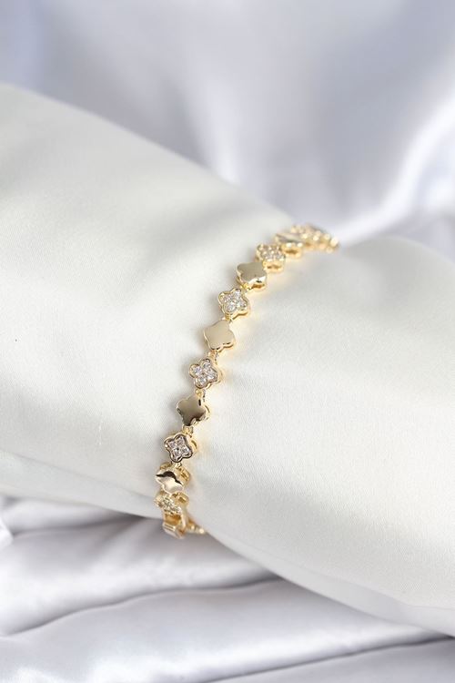 Pirinç Gold Renk Zirkon Taşlı Yonca Model Kadın Bileklik