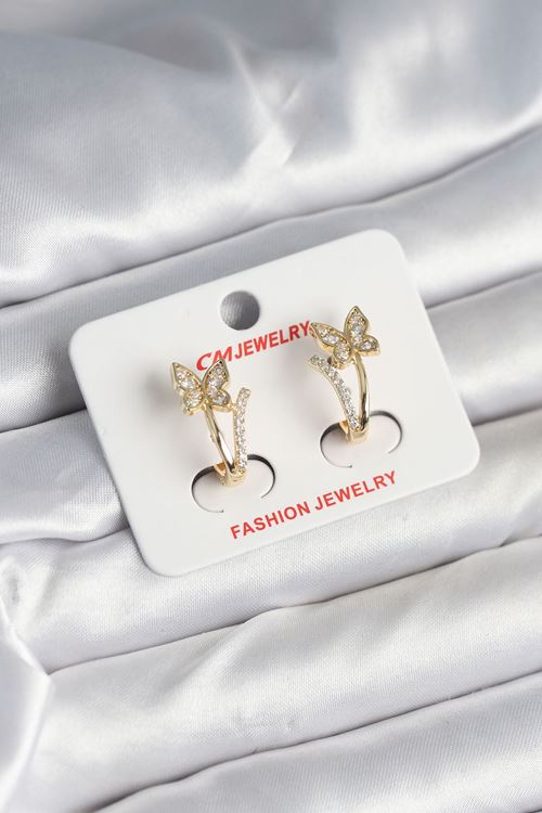 Pirinç Gold Renk Zirkon Taşlı Kelebek Model Kadın Küpe
