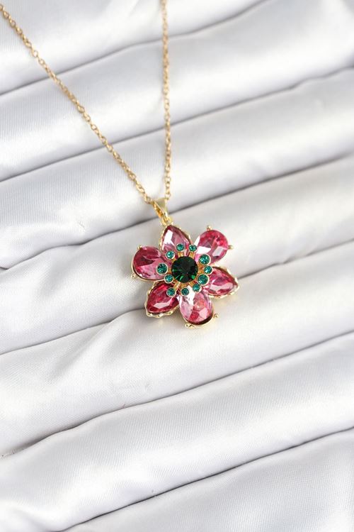316L Çelik Zincirli Pembe Çiçek Model Kadın Kolye