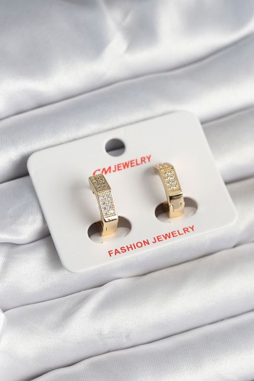 Pirinç Gold Renk Zirkon Taşlı Altıgen Kadın Küpe