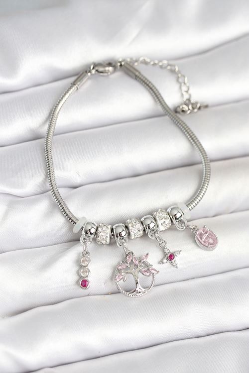 Pirinç Gümüş Renk Yaşam Ağacı Charmlı Kadın Bileklik