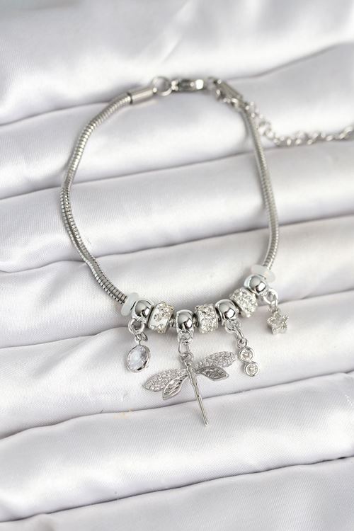 Pirinç Gümüş Renk Yusufçuk Charmlı Kadın Bileklik