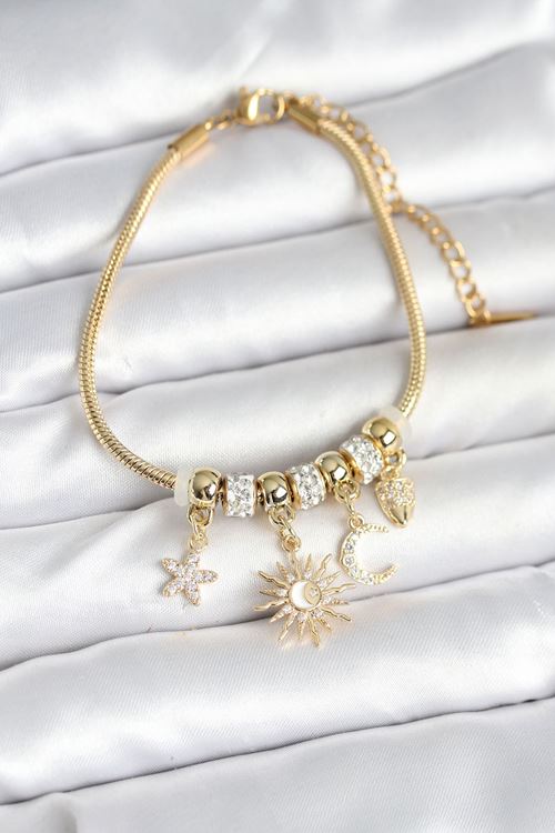 Pirinç Gold Renk Ay ve Güneş Charmlı Kadın Bileklik