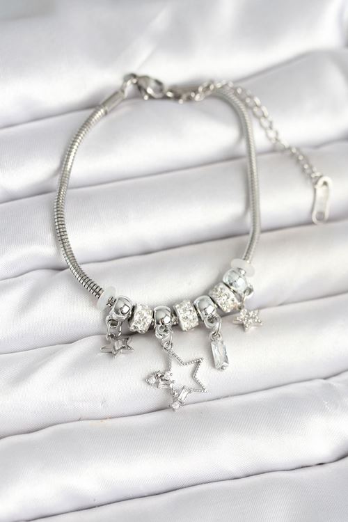 Pirinç Gümüş Renk Yıldız Charmlı Kadın Bileklik
