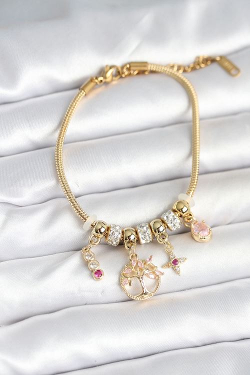 Pirinç Gold Renk Yaşam Ağacı Charmlı Kadın Bileklik