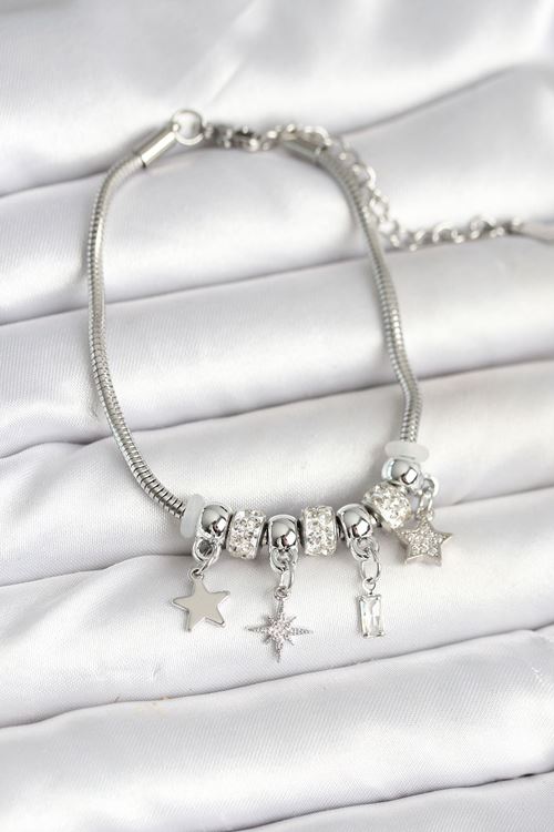 Pirinç Gümüş Renk Kutup Yıldızı Charmlı Kadın Bileklik