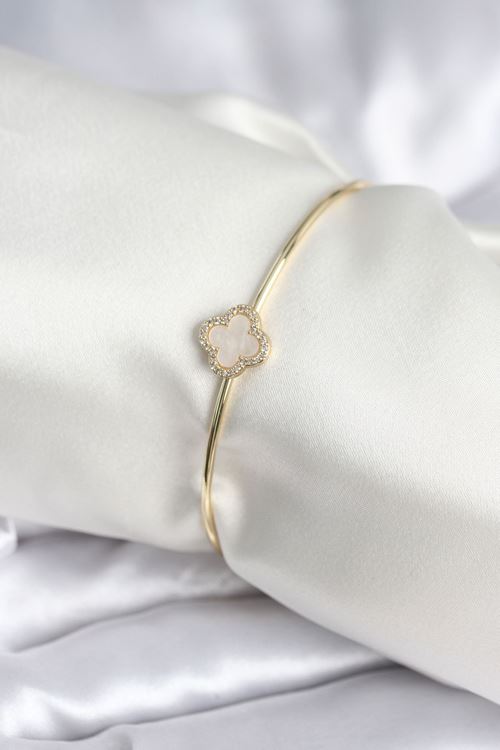 Beyaz Sedefli Yonca Model Gold Renk Kadın Bileklik