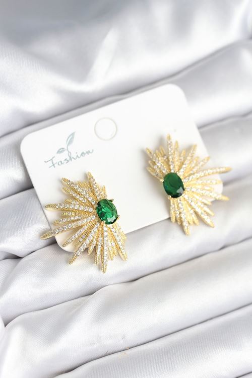 Yeşil Taş Detaylı Zirkon Taşlı Gold Renk Pirinç Kadın Küpe