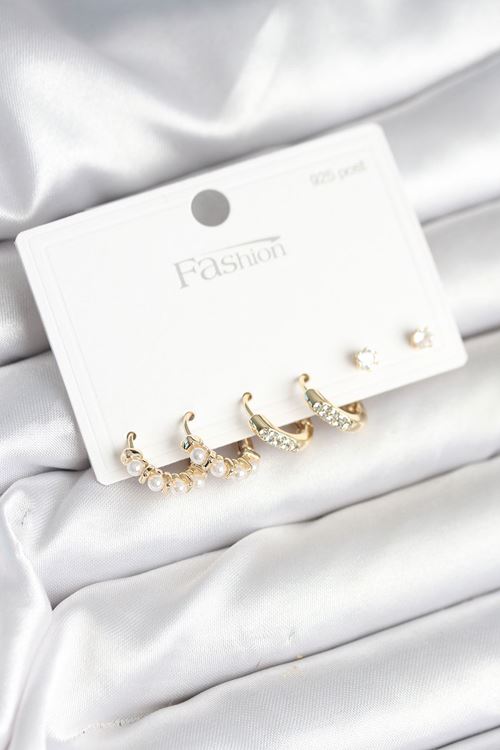 Pirinç Gold Renk Zirkon Taşlı ve İncili Model 925 Ayar Gümüş Çivi Kadın Küpe Seti