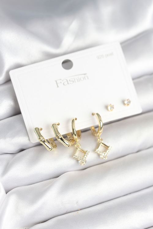 Pirinç Gold Renk 925 Ayar Gümüş Çivili Kadın Küpe Seti