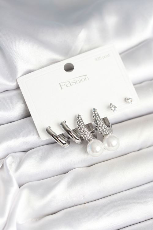 Pirinç Gümüş Renk İncili 925 Ayar Gümüş Çivi Kadın Küpe Seti