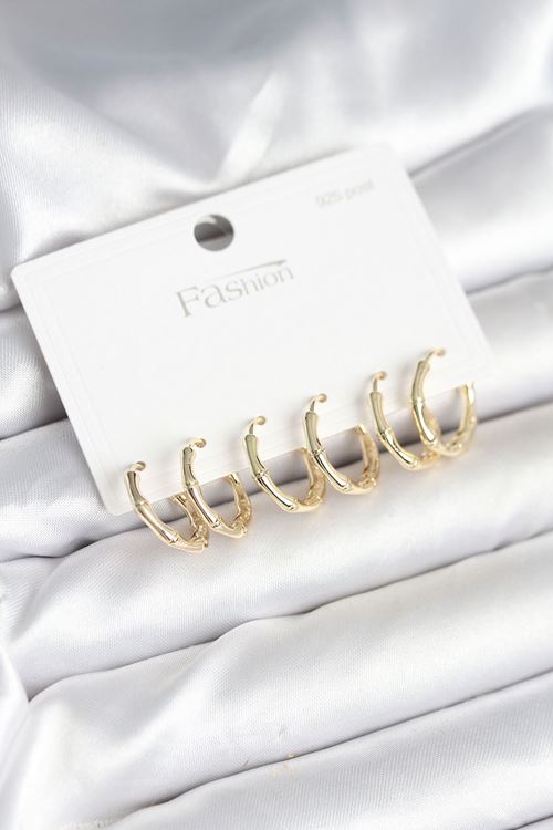 Pirinç Gold Renk Kemik Halka Model 925 Ayar Gümüş Çivili Kadın Küpe Seti