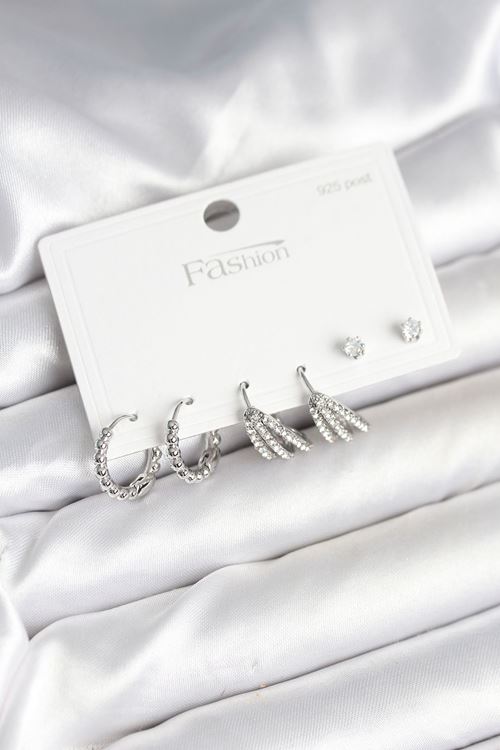 Pirinç Gümüş Renk Zirkon Taşlı 925 Gümüş Çivili Kadın Küpe Seti