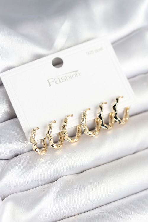 Gold Renk Pirinç Zikzak Model 925 Ayar Gümüş Çivili Kadın Küpe Seti