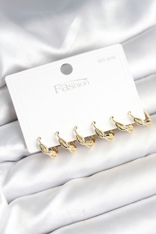 Gold Renk Pirinç Sarmal Model 925 Ayar Gümüş Çivili Kadın Küpe Seti