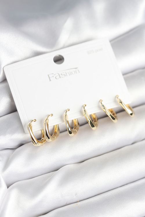 Gold Renk Pirinç Kare Halka Model 925 Ayar Gümüş Çivili Kadın Küpe Seti