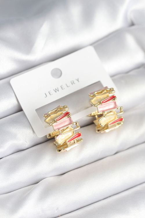 Mineli Karışık Renkli Gold Pirinç Kadın Küpe
