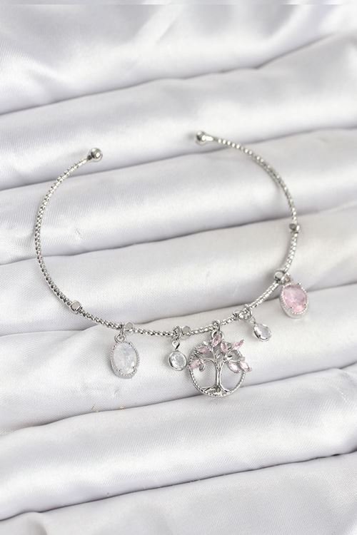 Hayat Ağacı Charmlı Gümüş Renk Pirinç Kadın Bileklik