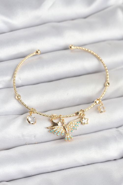 Anka Kuşu Charmlı Gold Renk Pirinç Kadın Bileklik