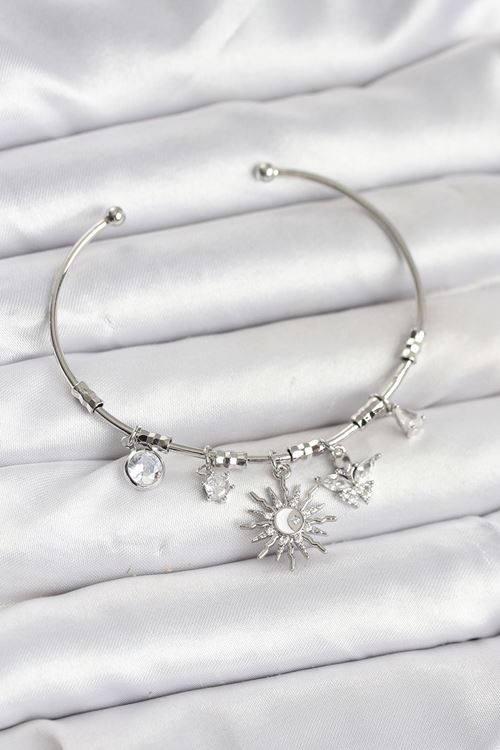 Güneş Charmlı Gümüş Renk Pirinç Kadın Bileklik