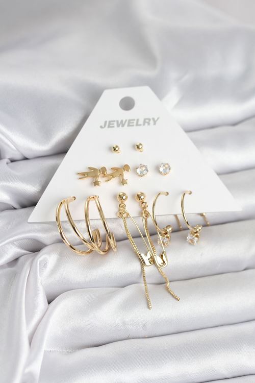 Pirinç Gold Renk 6 Çiftli Kadın Küpe Seti