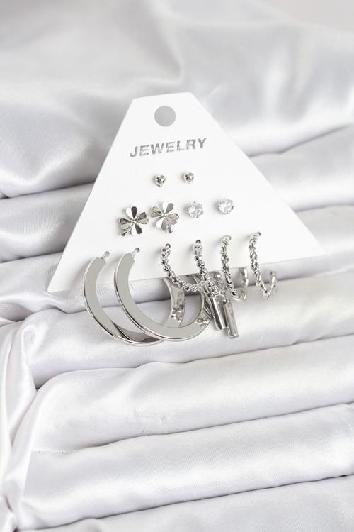 Pirinç Gümüş Renk 6 Çift Kadın Küpe Seti