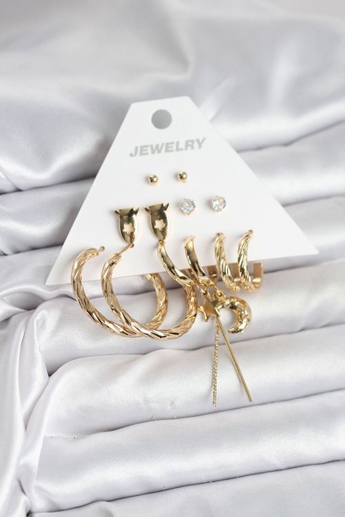 Gold Renk Pirinç 6'lı Kadın Küpe Seti