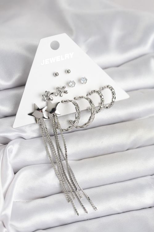 Gümüş Renk Pirinç 6 Çift Kadın Küpe Seti