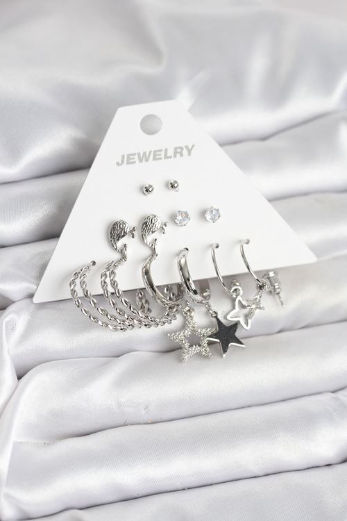 Pirinç Gümüş Renk 6'lı Kadın Küpe Seti