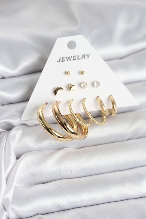 Gold Renk 6 Çiftli Pirinç Kadın Küpe Seti