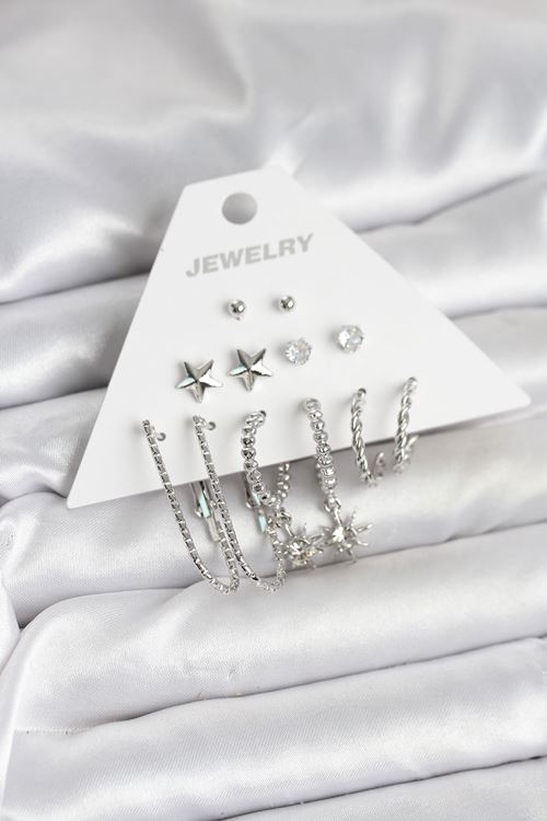 Pirinç Gümüş Renk Küpe Seti 6'lı