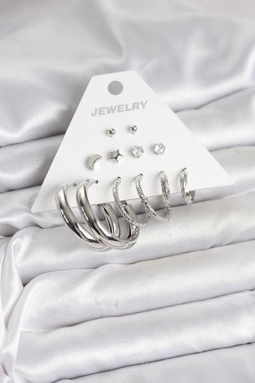 Pirinç Gümüş Renk Halka Modelli 6 Çift Kadın Küpe