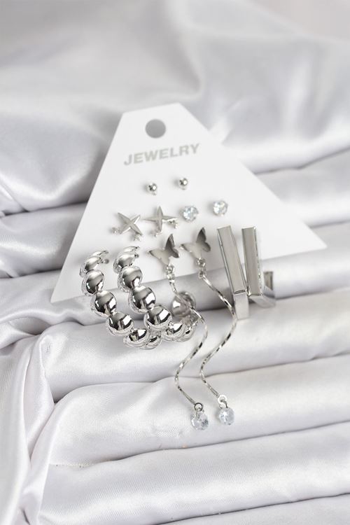 Gümüş Renk Pirinç 6'lı Kadın Küpe Seti